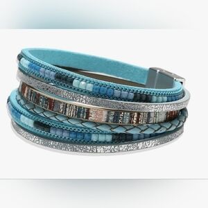 2 LEFT! Turquoise Blue Faux Leather Multi-layered Magnetic Bracelet